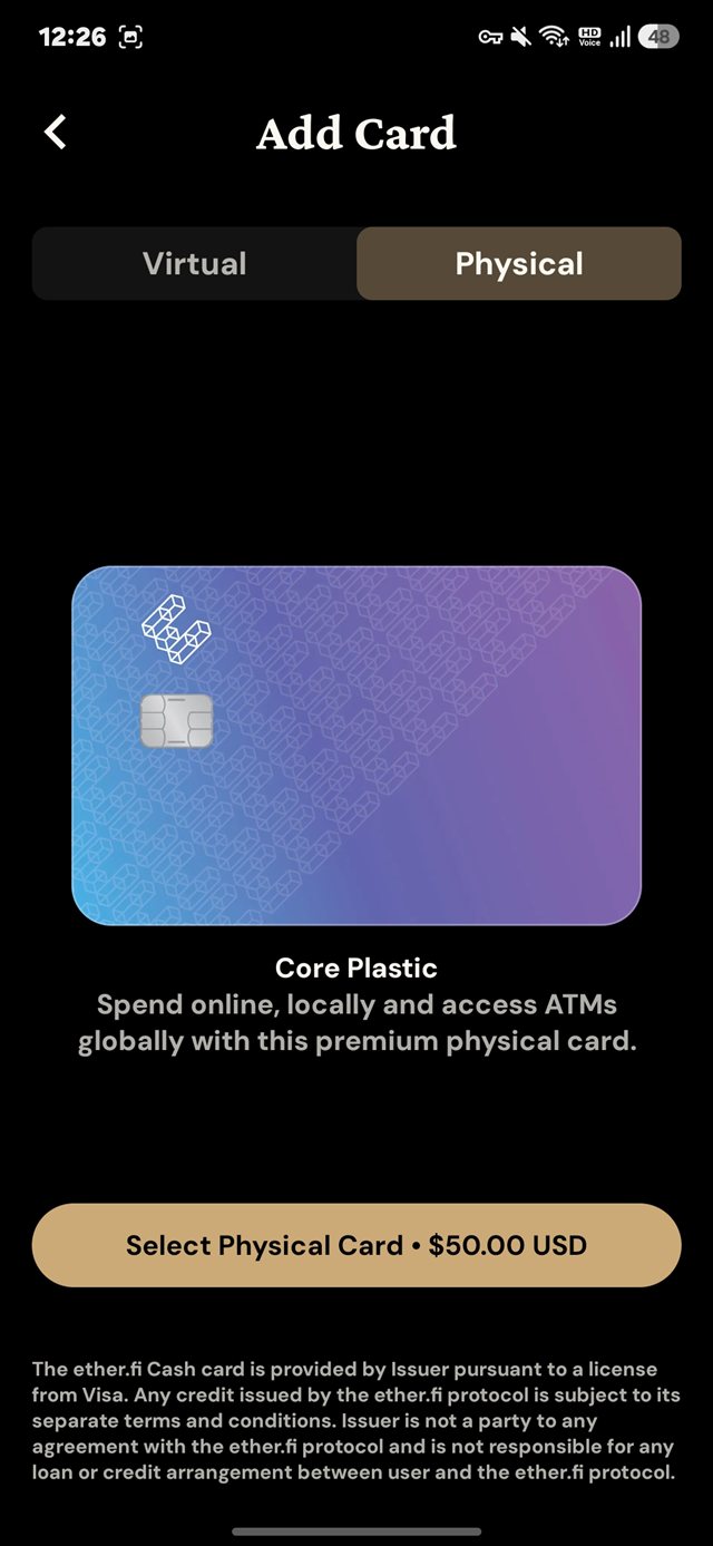 Physical card order screen showing Core Plastic at $50.00 USD